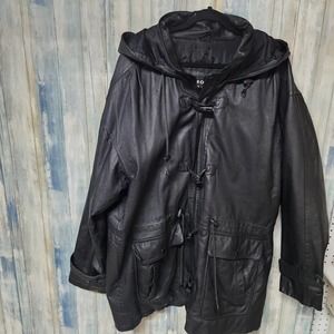 Wilson Black Leather Unisex Raincoat With Hood WARM Coat Large